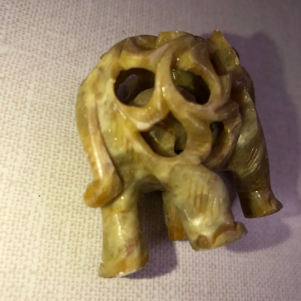 Carved Soapstone Elephant Calf Elephant Inside Detailed Scroll‎ Work Vines